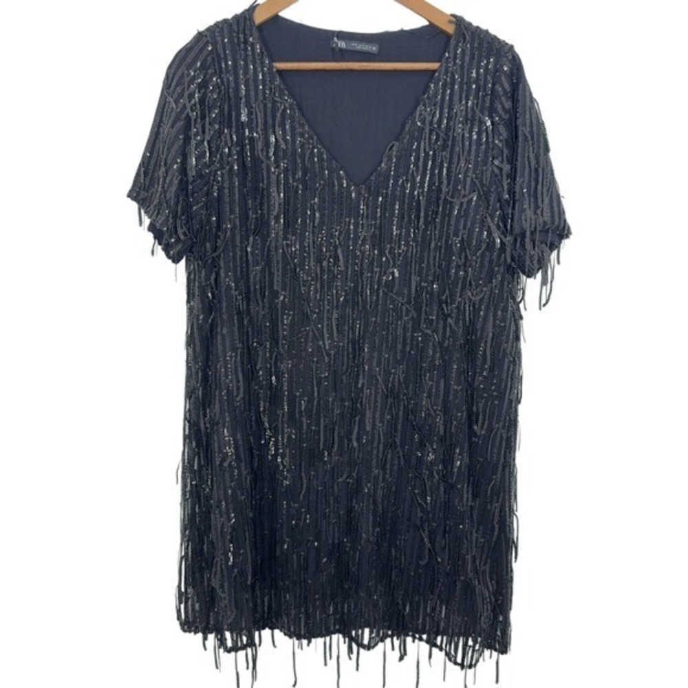Zara Black Sequin Fringe Flapper 20s‎ Short Sleeve V Neck Mini Dress Party